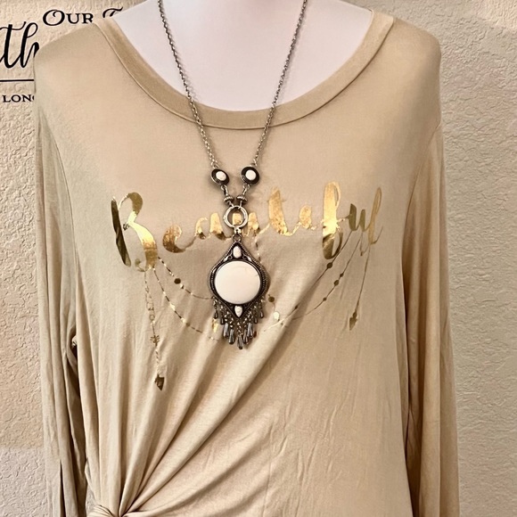 Tan “Beautiful” Foil Graphic Top – Long Sleeve Knot Hem Tee with Necklace - Picture 5 of 7